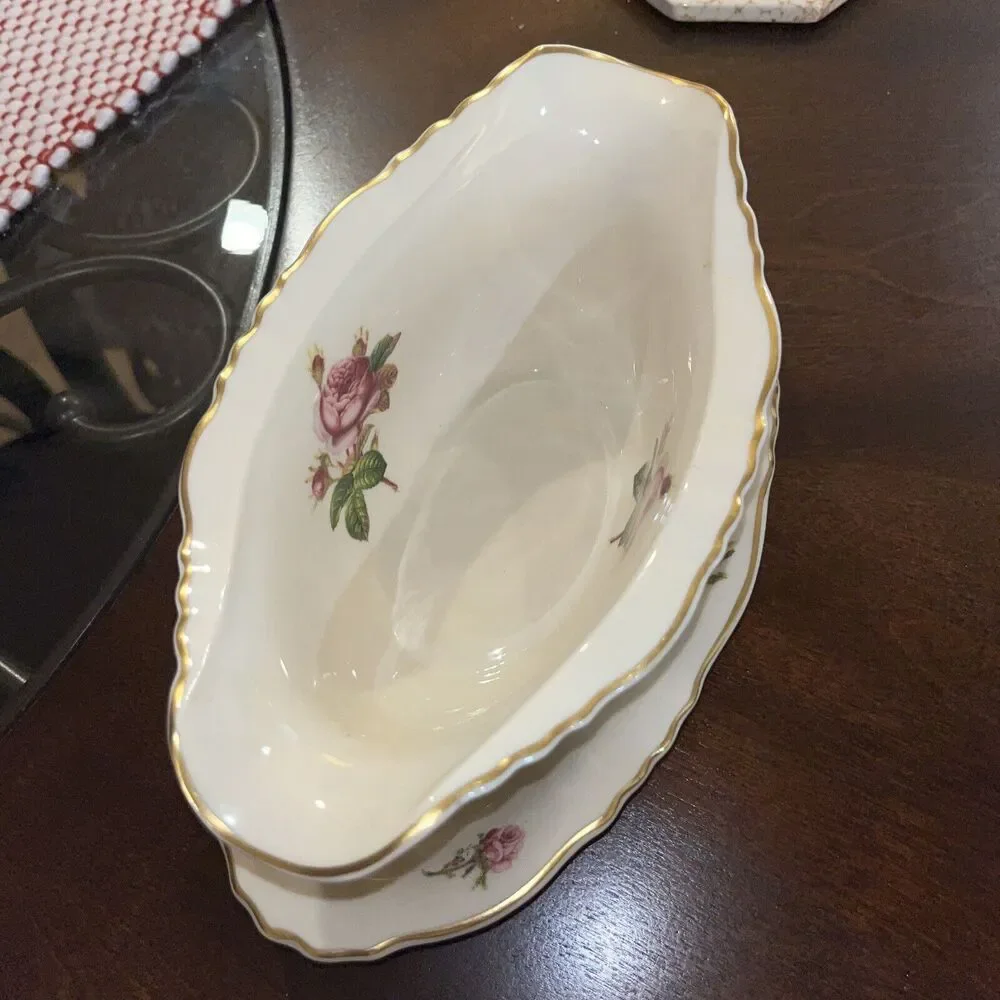 Antique Federal Syracuse China Victoria Gravy Boat Attached Tray Made‎ In USA